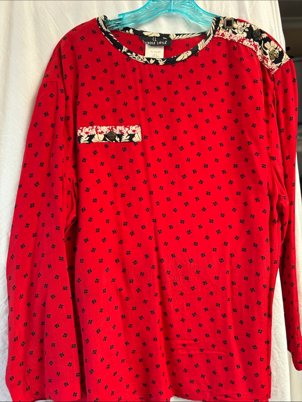 Carole Little Red Long-Sleeve women Top with Black Floral Trim